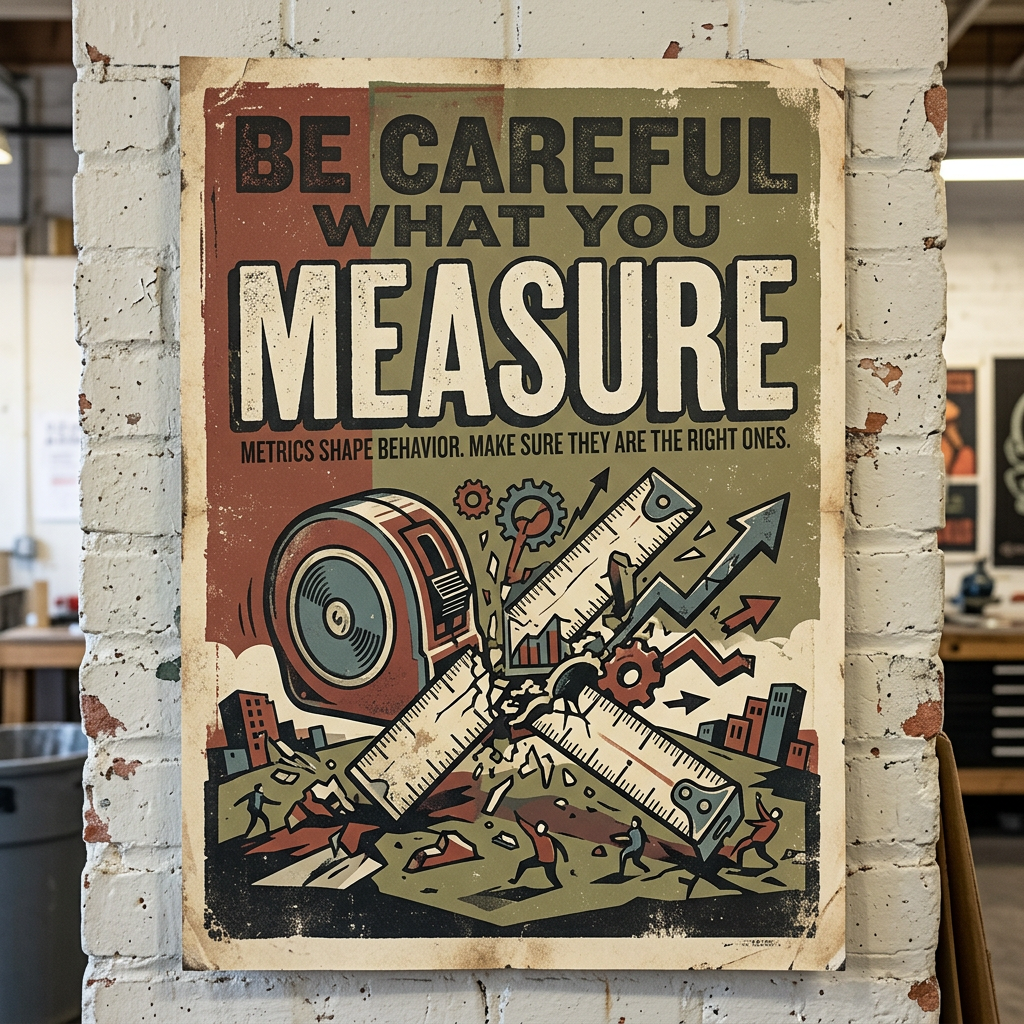 Poster reading 'Be careful what you measure' with measuring tape and rulers illustration