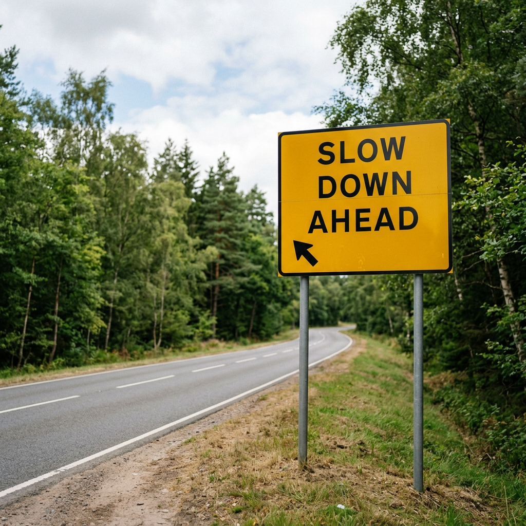 Yellow road sign reading “SLOW DOWN AHEAD” beside a forest road